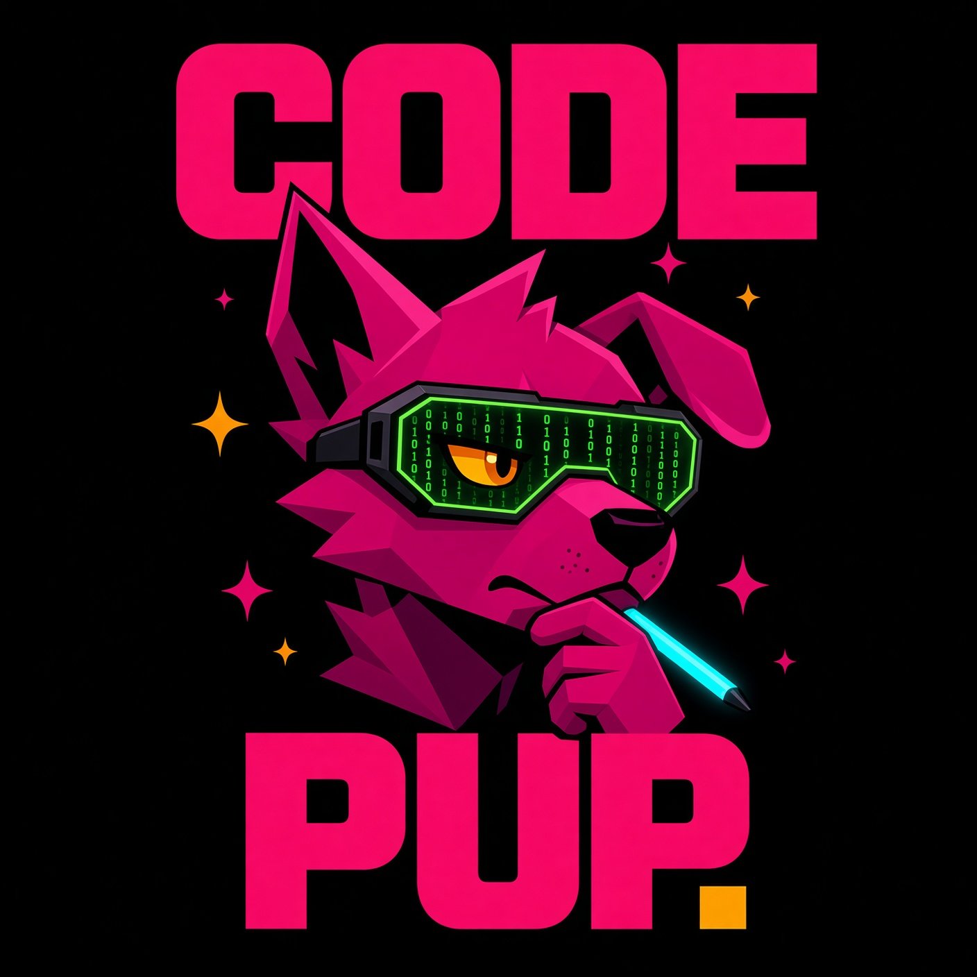 Code Pup’s original identity: an angular magenta cyber pup with green code goggles, an amber eye, and a cyan pen, between oversized CODE and PUP lettering.